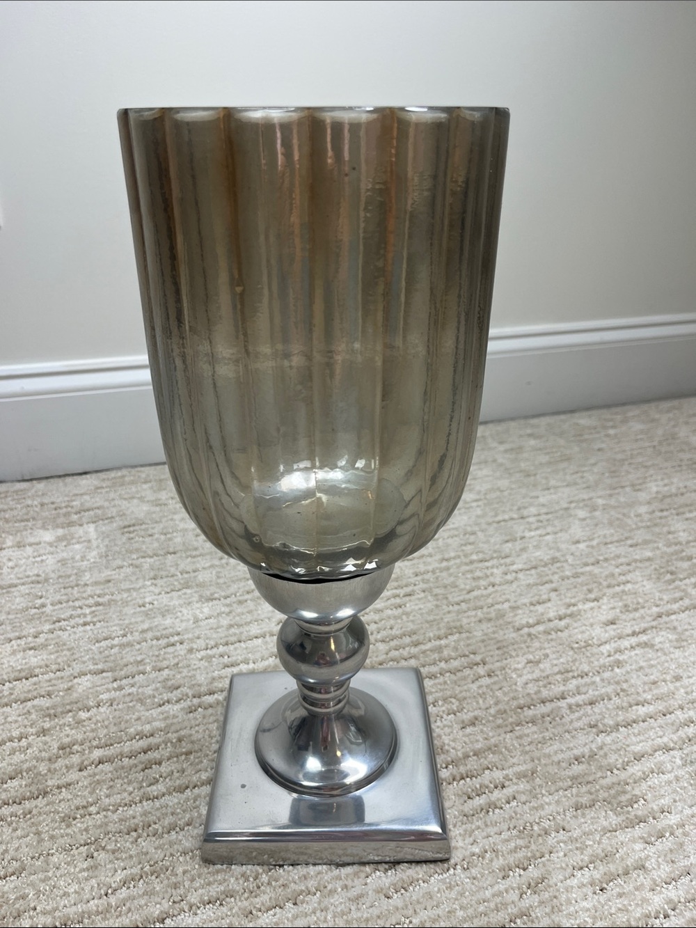 Large Smoked Glass Hurricane Candle Holder with Silver Pedestal Base
